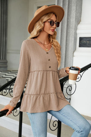 Long Sleeve V Neck Cable Knit Peplum Blouse - 9 colors