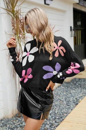 Floral Dropped Shoulder Ribbed Trim Sweater - 2 colors