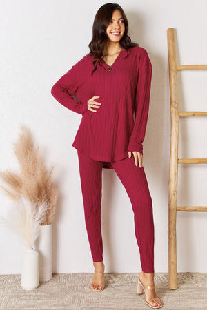 Notched Long Sleeve Top and Pants Set - 3 colors