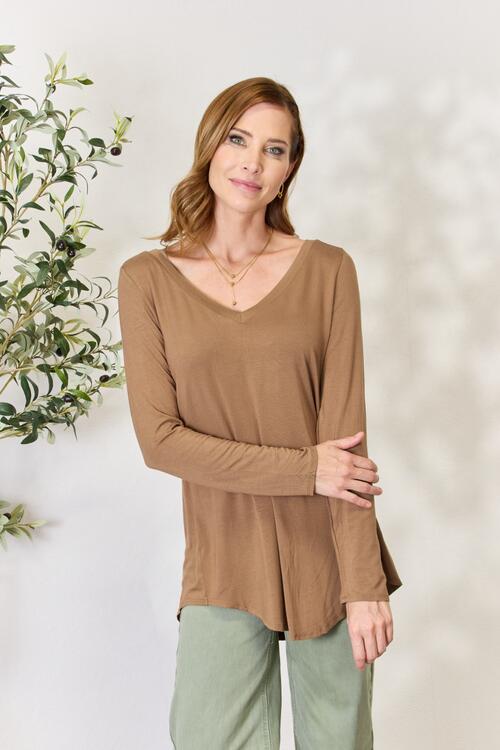 Zenana Long Sleeve V Neck Top Camel