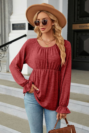 Round Neck Flounce Sleeve Peplum Blouse - 6 colors