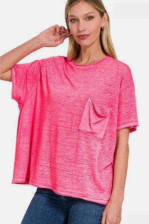 Zenana Pocketed Round Neck Dropped Shoulder T-Shirt in Fuchsia