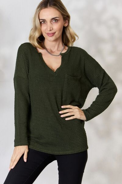 BiBi Notched Popcorn Waffle Long Sleeve Top Olive