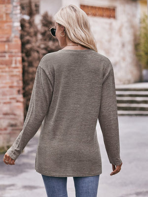 Buttoned Notch Neck Long Sleeve Top - 6 colors