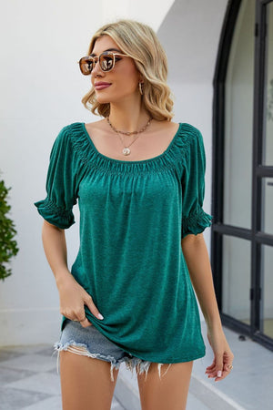 Smocked Short Flounce Sleeve Heathered Top - 10 colors