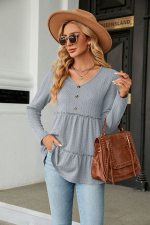 Long Sleeve V Neck Cable Knit Peplum Blouse - 9 colors