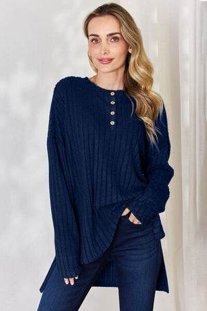 Basic Bae Ribbed Half Button Long Sleeve High-Low Top - 5 colors