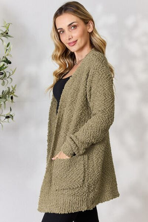 Zenana Falling For You Open Front Popcorn Cardigan Khaki