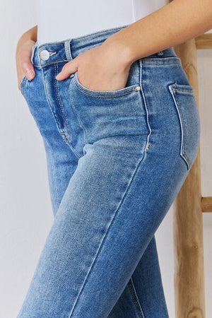 RISEN High Rise Front Seam Uneven Hem Ankle Flare Jeans