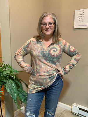 Rosey Olive Swirl Notch Top - Tie Dye