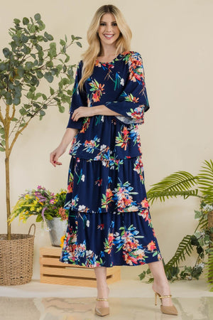 Floral Ruffle Tiered Midi Dress in Fuchsia or Navy Floral