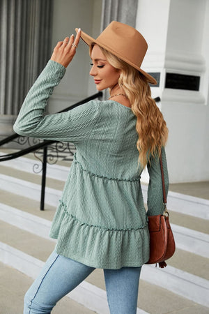 Long Sleeve V Neck Cable Knit Peplum Blouse - 9 colors