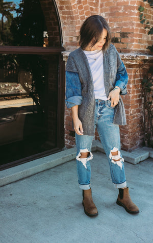 Oversize Sweater Cardigan with Denim Sleeve