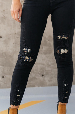 Judy Blue Mid Rise Animal Print Distressed Skinny Jeans