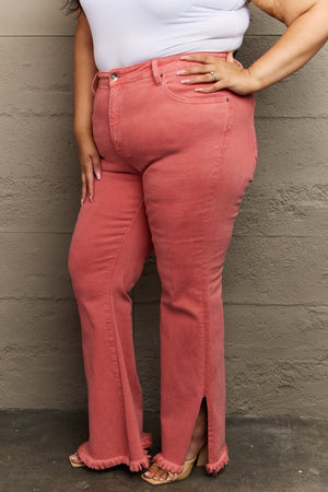 RISEN Hi Waist Side Slit Flare Jeans in Coral