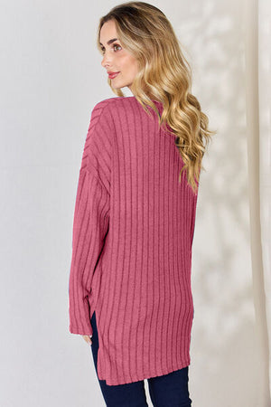 Basic Bae Ribbed Half Button Long Sleeve High-Low Top - 5 colors