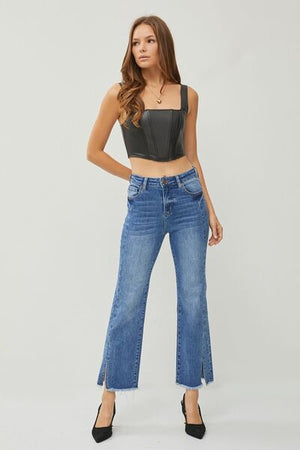 RISEN High Waist Front Seam Raw Hem Slit Straight Leg Jeans