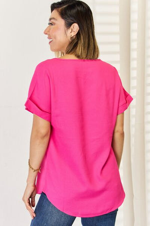 Zenana V-Neck Rolled Short Sleeve Top Hot Pink