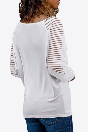 Soft V Neck Long Raglan Striped Sheer Sleeve Top - 9 colors