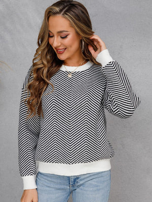 Chevron Ribbed Trim Dropped Shoulder Knit Pullover -  5 colors