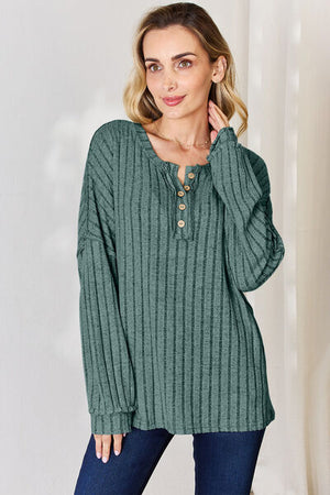 Basic Bae Ribbed Half Button Long Sleeve Top - 5 colors