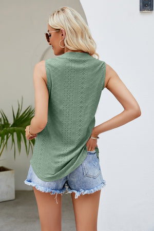 Notched Neck Curved Hem Eyelet Tank - 8 colors