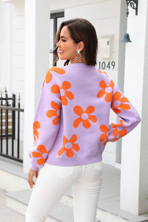 Floral Print Round Neck Dropped Shoulder Pullover Sweater - 5 colors