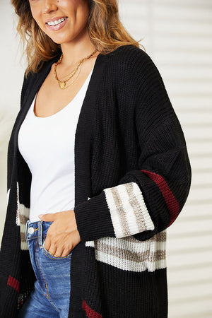 Striped Rib-Knit Drop Shoulder Open Front Cardigan