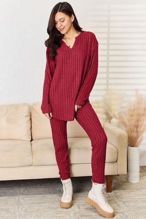 Notched Long Sleeve Top and Pants Set - 3 colors