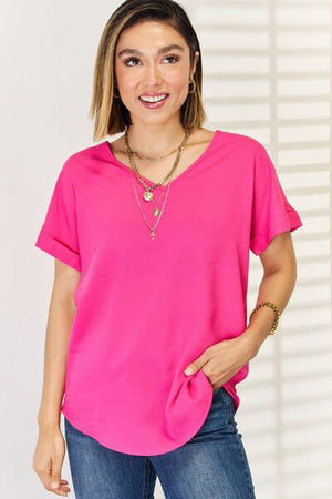 Zenana V-Neck Rolled Short Sleeve Top Hot Pink