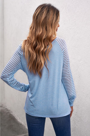 Sheer Striped Sleeve V-Neck Top - 3 colors