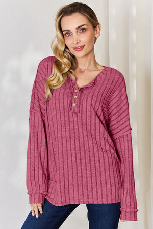 Basic Bae Ribbed Half Button Long Sleeve Top - 5 colors