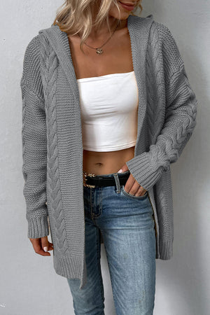 Cable Knit Dropped Shoulder Hooded Thigh length Cardigan - 4 colors