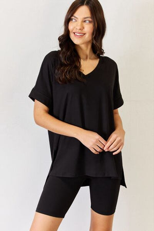 Zenana V Neck Short Sleeve Slit T-Shirt and Shorts Set Buttery Soft Black