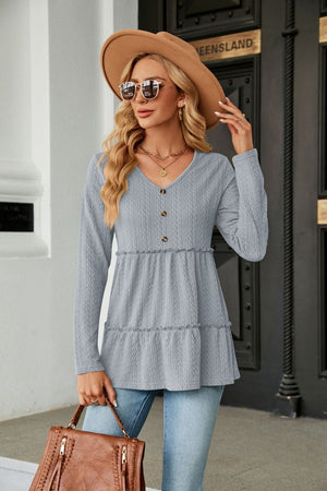 Long Sleeve V Neck Cable Knit Peplum Blouse - 9 colors