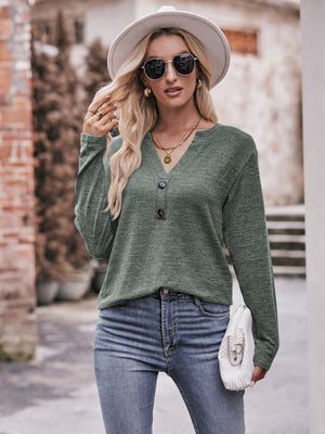 Buttoned Notch Neck Long Sleeve Top - 6 colors