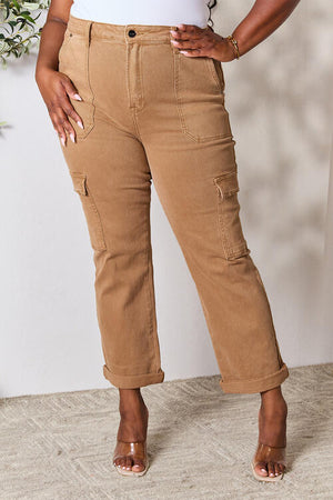 Risen High Waist Straight Leg Cargo Jeans with Pockets