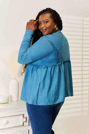 Jade By Jane Frill Trim Babydoll Blouse in Sky Blue