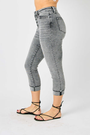 Judy Blue High Waist Button Fly Cuffed Capris in Gray