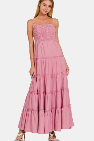 Zenana Woven Smocked Tiered Cami Maxi Dress Lt Rose