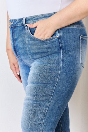 RISEN High Rise Front Seam Uneven Hem Ankle Flare Jeans