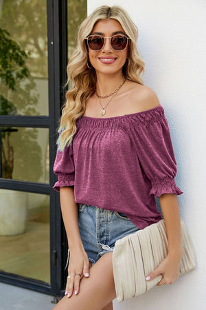 Smocked Short Flounce Sleeve Heathered Top - 10 colors