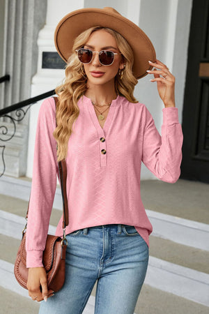 Notched Neck Textured Long Sleeve Buttoned Blouse - 8 colors