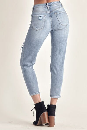 RISEN Mid Rise Distressed Tapered Slim Cropped Light Wash Jeans