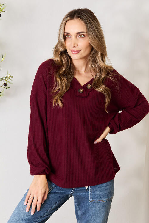 Zenana Buttoned V-Neck Long Sleeve Blouse Burgundy