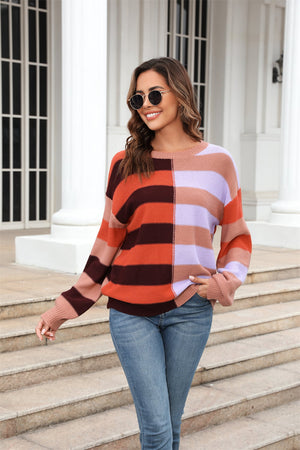 Round Neck Long Sleeve Color Block Dropped Shoulder Pullover Sweater - 3 colors