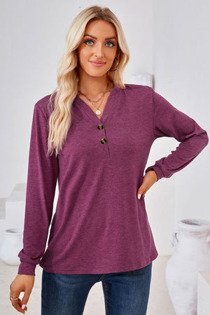 V Neck Buttoned Long Sleeve Blouse - 7 colors