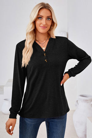 V Neck Buttoned Long Sleeve Blouse - 7 colors