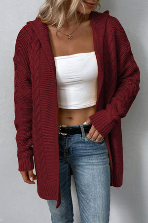 Cable Knit Dropped Shoulder Hooded Thigh length Cardigan - 4 colors