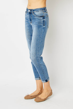 Judy Blue Mid Rise Non Distressed Cuffed Hem Slim Jeans